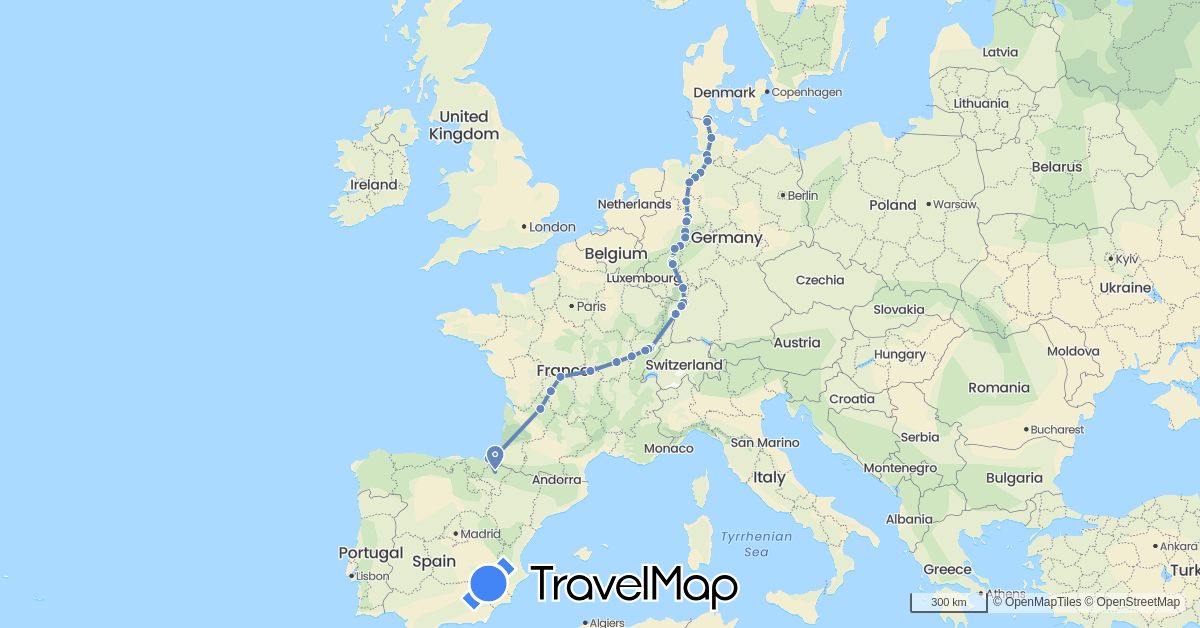 TravelMap itinerary: driving, cycling in Germany, Denmark, Spain, France (Europe)